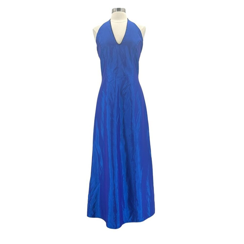 Vintage Jessica McClintock for Gunne Sax Blue Rhinestone Neck Halter Dress 11